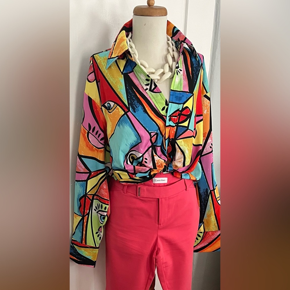 Abstract Fun Blouse $19, add Calvin Klein Pants $38, for a fun Ensemble.